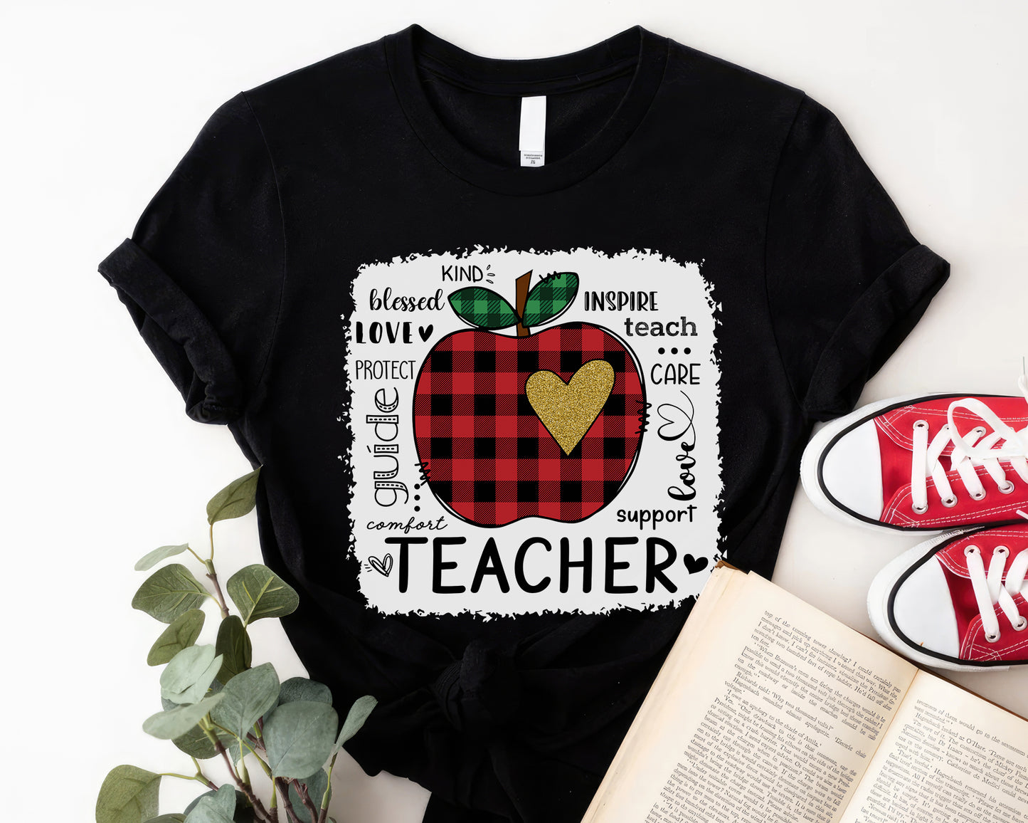 Tee Art Online - Valentine Typography Cute Red Apple Buffalo Plaid LOVE Teacher Personalized Tee | Valentine's Day Kawaii Cute Gifts | Teacher Design - black