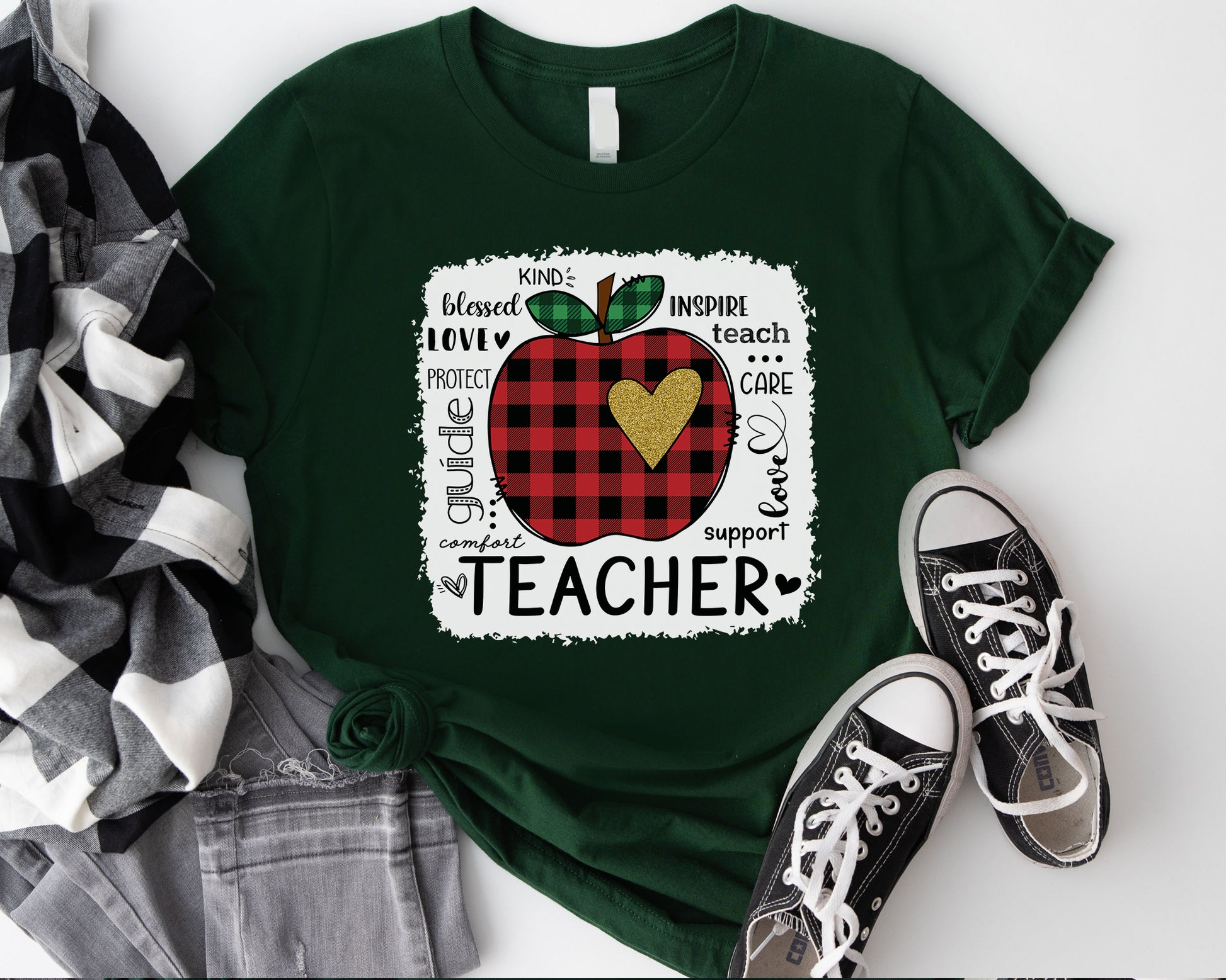 Tee Art Online - Valentine Typography Cute Red Apple Buffalo Plaid LOVE Teacher Personalized Tee | Valentine's Day Kawaii Cute Gifts | Teacher Design - forest green