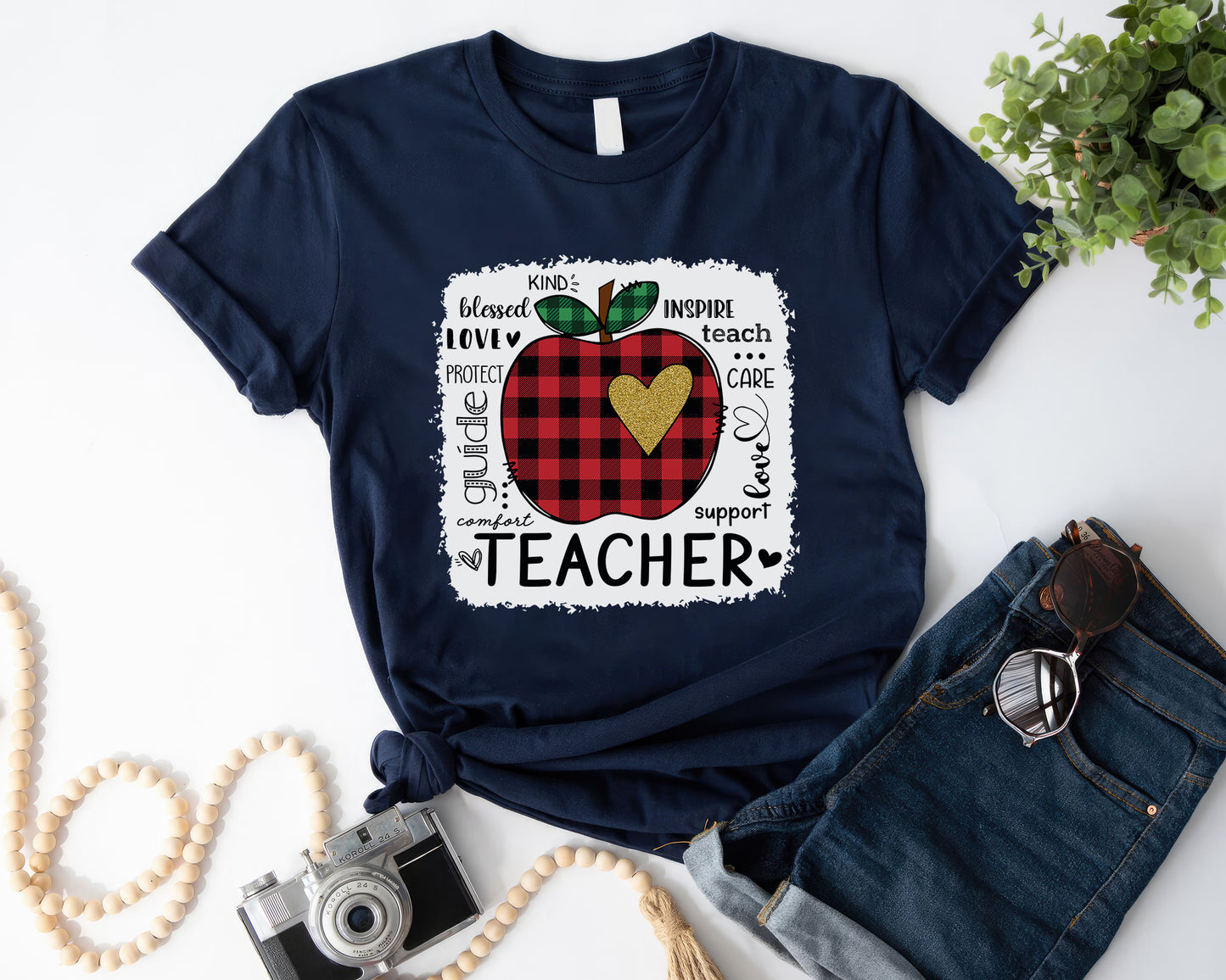 Tee Art Online - Valentine Typography Cute Red Apple Buffalo Plaid LOVE Teacher Personalized Tee | Valentine's Day Kawaii Cute Gifts | Teacher Design - navy