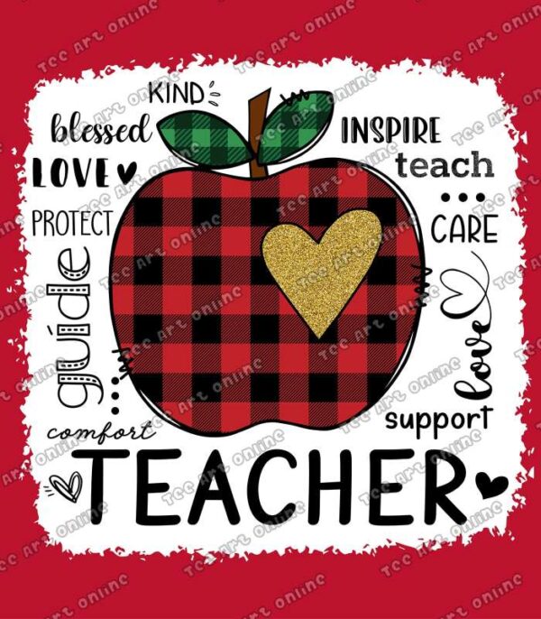 Red apple buffalo plaid LOVE teacher png