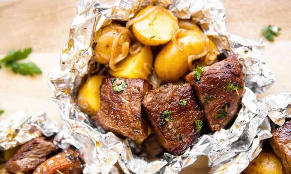 Garlic butter steak and potato foil packets - Camping recipe