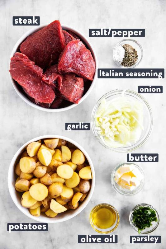 Ingredients for garlic butter steak and potato foil packets recipe