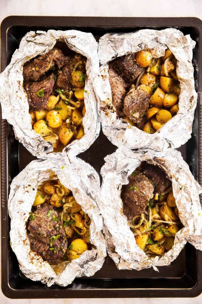 Garlic butter steak and potato foil packets - Done