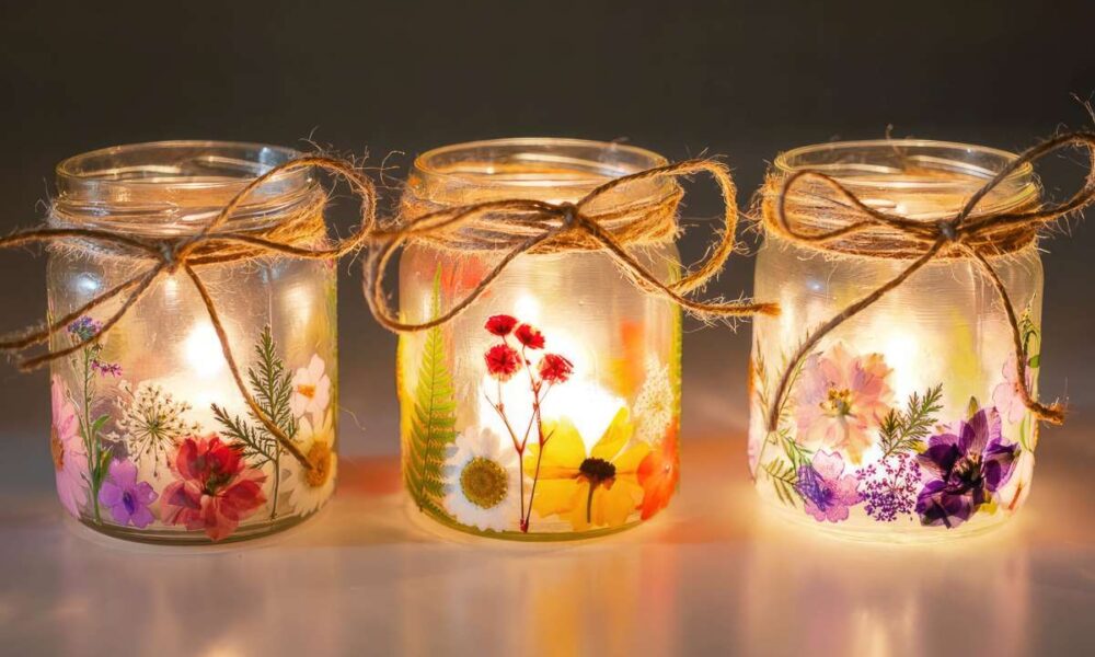 little pressed flower mason jar lanterns