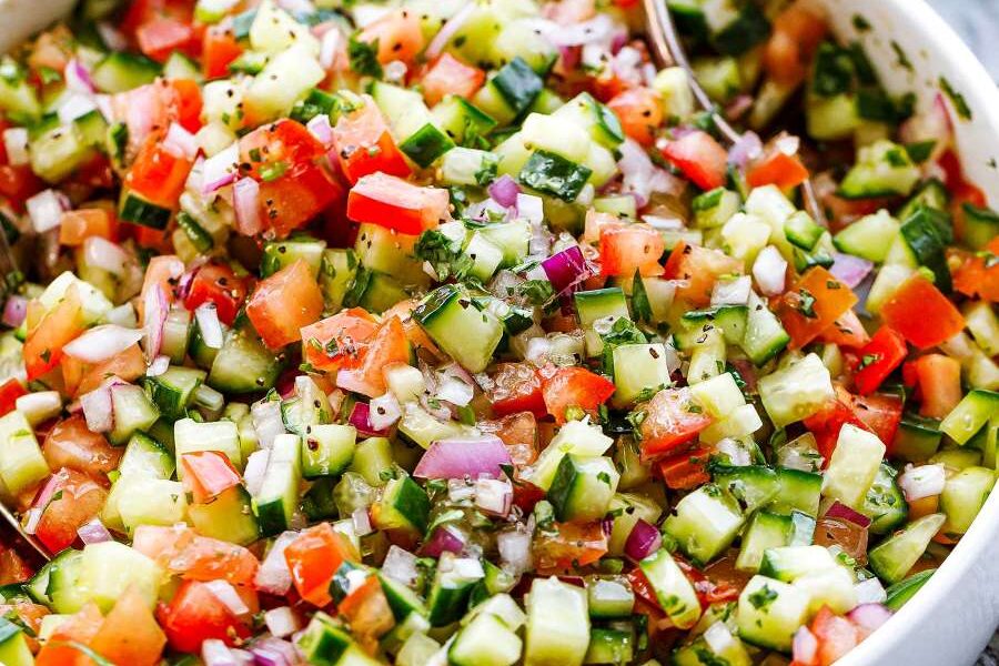 10-minute mediterranean salad with cucumber, tomato, and onion