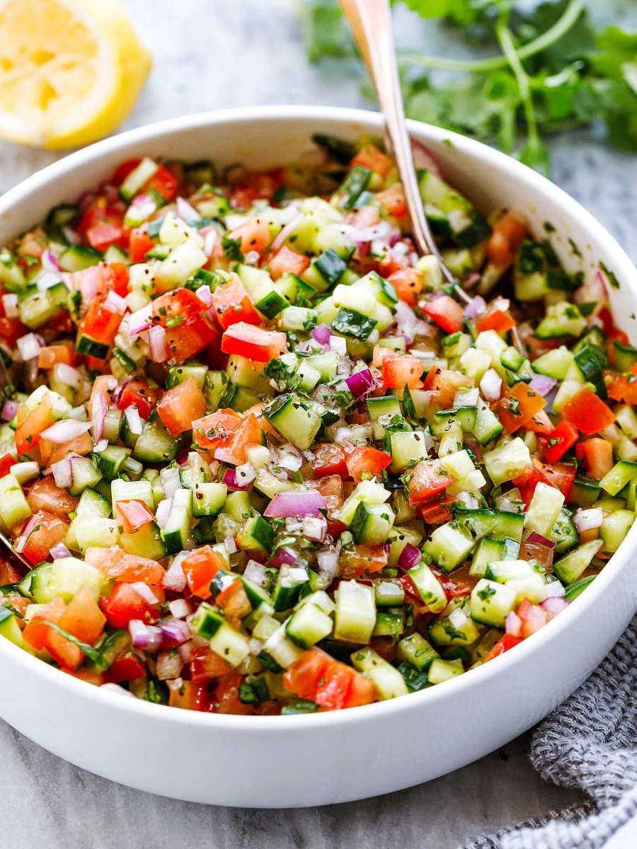 10-minute mediterranean salad with cucumber, tomato, and onion