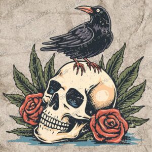 Retro crow on skull PNG