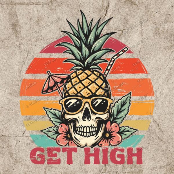 vintage summer png, get high cannabis shirt design, retro skull graphic design