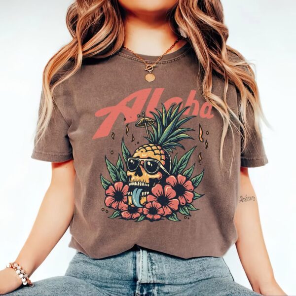 retro summer aloha pineapple png, vintage summer png, aloha hawaii tshirt design, retro skull graphic design, hippie shirt png
