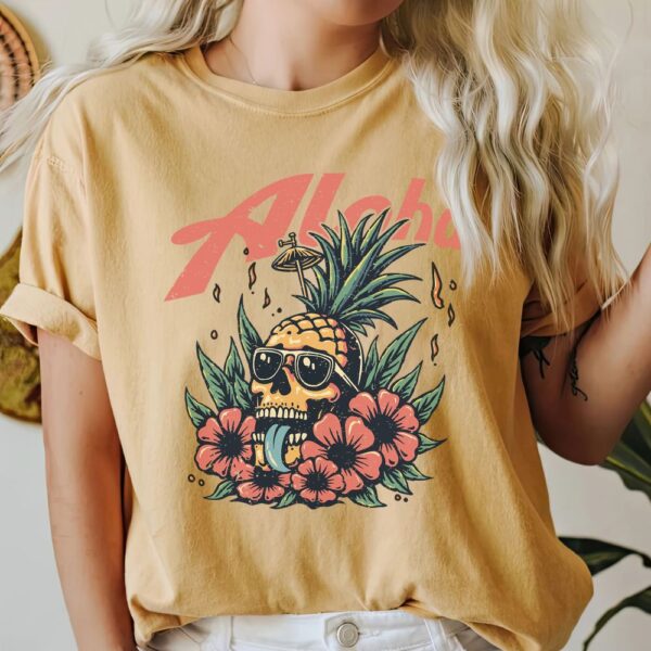 retro summer aloha pineapple png, vintage summer png, aloha hawaii tshirt design, retro skull graphic design, hippie shirt png