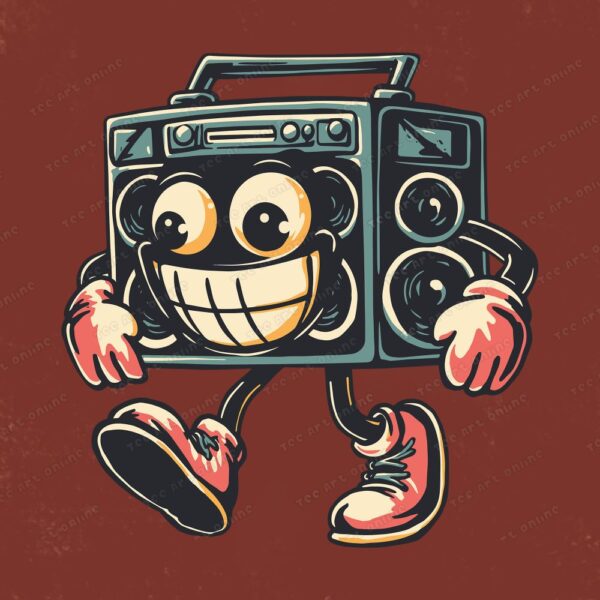 retro boombox dance and smile design, retro vintage png, retro music t-shirt design, funny 70s 80s cartoon graphic design, hippie shirt png