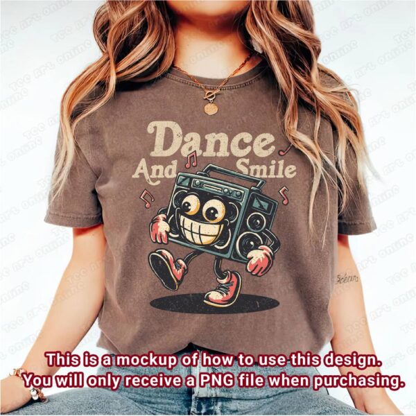 retro boombox dance and smile design, retro vintage png, retro music t-shirt design, funny 70s 80s cartoon graphic design, hippie shirt png