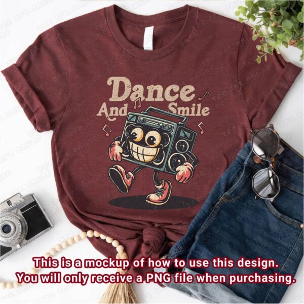 retro boombox dance and smile design, retro vintage png, retro music t-shirt design, funny 70s 80s cartoon graphic design, hippie shirt png