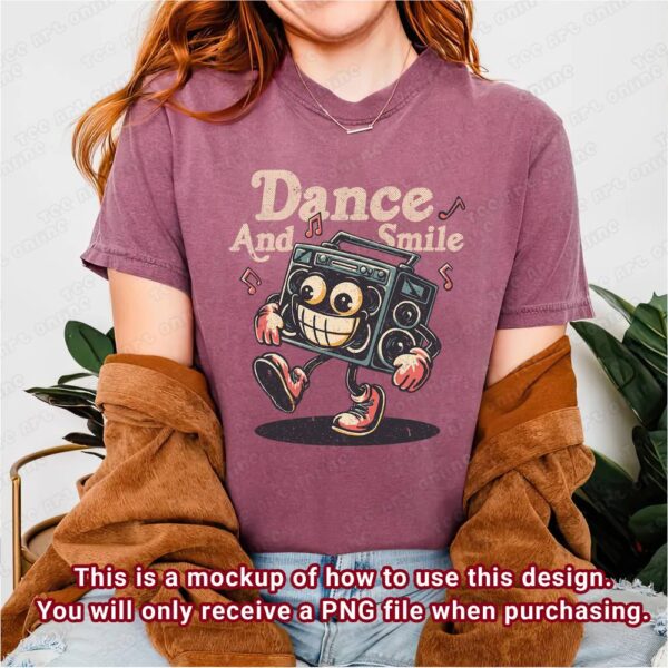 retro boombox dance and smile design, retro vintage png, retro music t-shirt design, funny 70s 80s cartoon graphic design, hippie shirt png