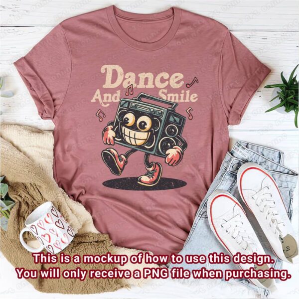 retro boombox dance and smile design, retro vintage png, retro music t-shirt design, funny 70s 80s cartoon graphic design, hippie shirt png