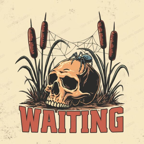 waiting design, retro skull and spiderweb, retro vintage png, retro t-shirt design, funny 70s 80s cartoon graphic design, hippie shirt png