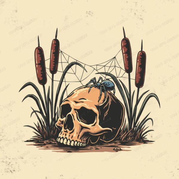 waiting design, retro skull and spiderweb, retro vintage png, retro t-shirt design, funny 70s 80s cartoon graphic design, hippie shirt png