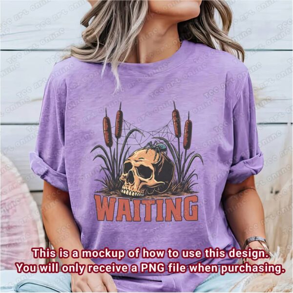waiting design, retro skull and spiderweb, retro vintage png, retro t-shirt design, funny 70s 80s cartoon graphic design, hippie shirt png