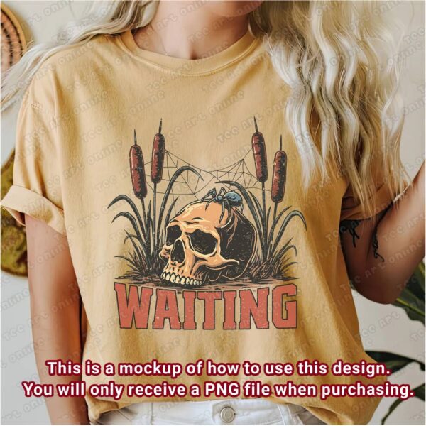 waiting design, retro skull and spiderweb, retro vintage png, retro t-shirt design, funny 70s 80s cartoon graphic design, hippie shirt png