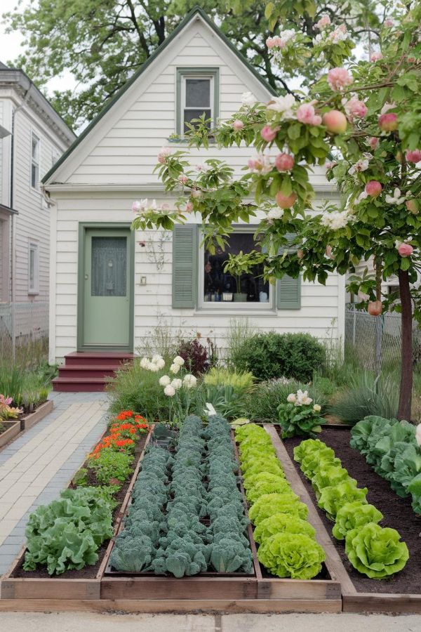 Front lawn border garden with edible greens and flowers, layered planting, sunset light, charming cottage exterior