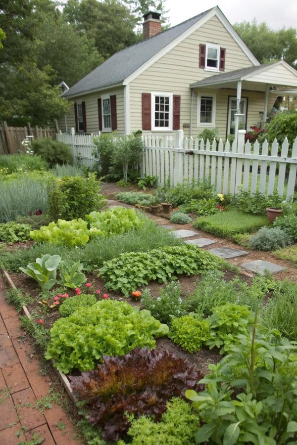 Front yard curved edible border with mixed greens, flowers, stone edging, tray left outside near path