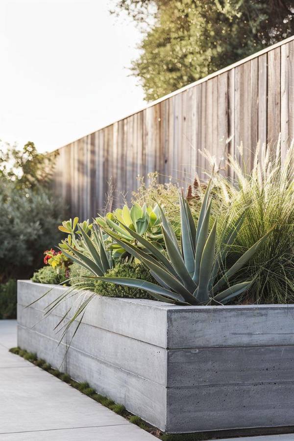 Modern front yard with square planters in neat grid, gravel paths, lettuce and kale inside containers, bright clean light for front yard vegetable garden design ideas