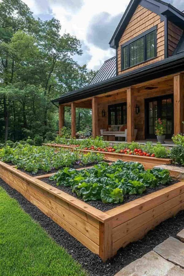 Front Yard Vegetable Garden Ideas with Symmetrical Raised Bed Entry