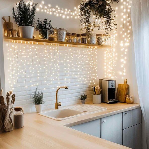 Warm light wrapping shelves in a calm, cozy mood