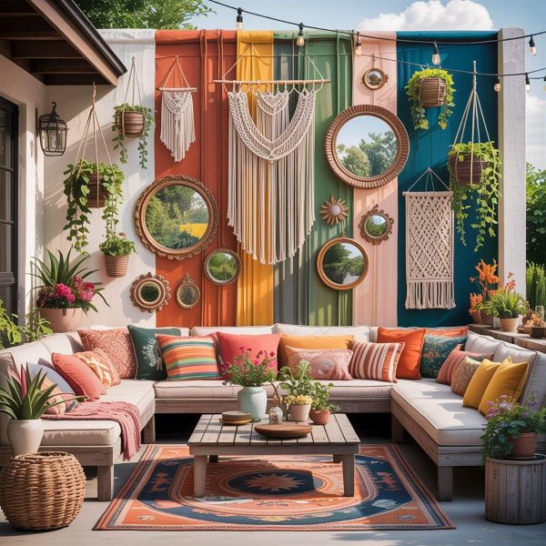 Small backyard boho lounge with white gravel flooring, low pallet sofa, layered cushions, woven lanterns, and sunset glow for small backyard landscaping ideas without grass.