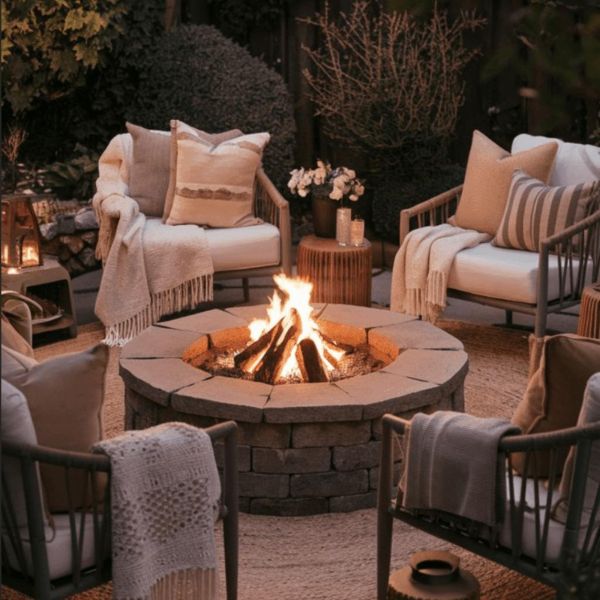 Small backyard fire pit seating area with gravel ground, wood chairs, glowing flames, string lights, and planters for small backyard without grass ideas.