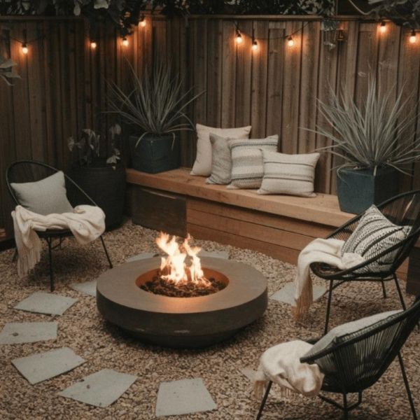 Compact backyard patio with gravel flooring, fire bowl, wood chairs, folded blanket, and wood fence for small backyard small garden ideas without grass.
