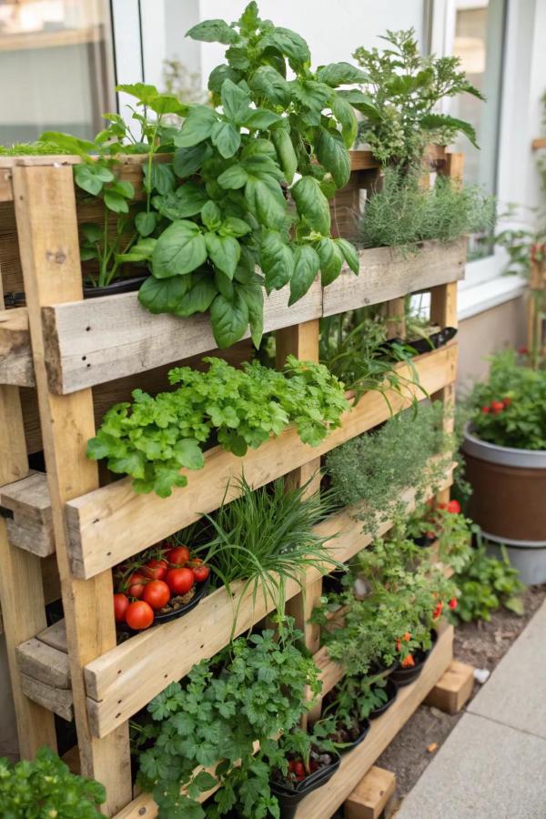 Rustic pallet vegetable garden with tiered wooden shelves, growing herbs and cherry tomatoes in a compact backyard space