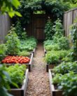 Backyard vegetable garden with symmetrical raised beds, gravel pathway, and lush green layers, featuring a prominent harvest of ripe red tomatoes in the foreground