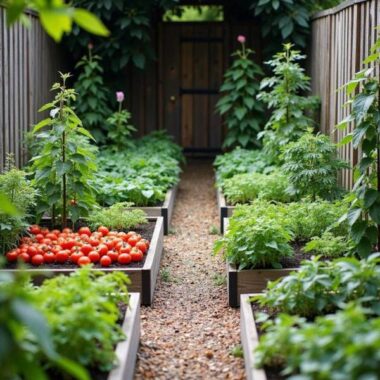 Backyard vegetable garden with symmetrical raised beds, gravel pathway, and lush green layers, featuring a prominent harvest of ripe red tomatoes in the foreground