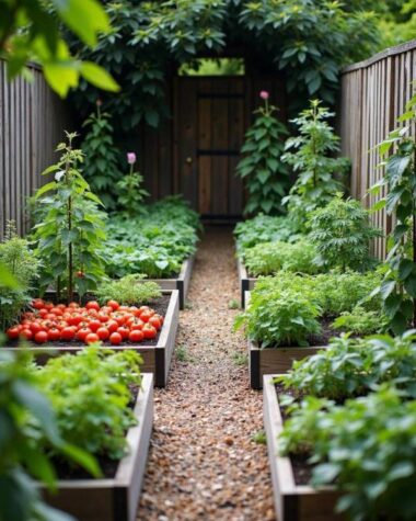 Backyard vegetable garden with symmetrical raised beds, gravel pathway, and lush green layers, featuring a prominent harvest of ripe red tomatoes in the foreground