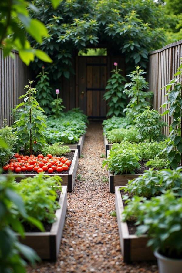Backyard vegetable garden with symmetrical raised beds, gravel pathway, and lush green layers, featuring a prominent harvest of ripe red tomatoes in the foreground
