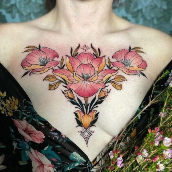 Sternum Tattoo Underboob Peony Curve