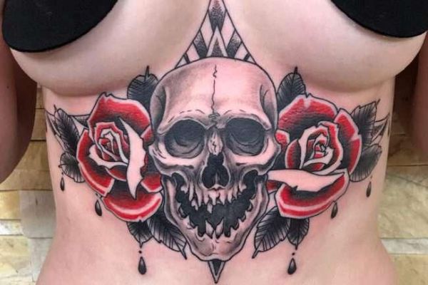 Underboob Black Skull and Rose Tattoo