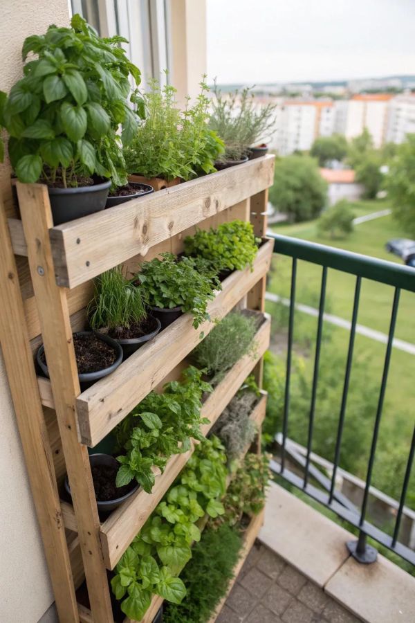 Vertical pallet vegetable garden on a small apartment balcony filled with herbs and leafy greens in wooden shelves