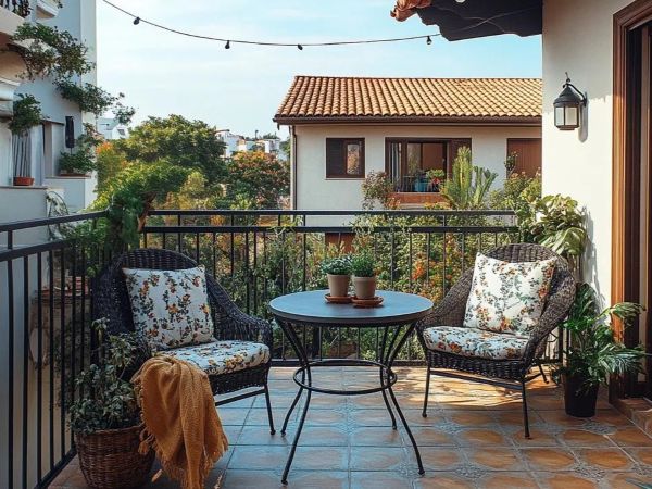 Mediterranean-style apartment balcony with woven chairs, terracotta flooring, potted plants, and soft outdoor lighting