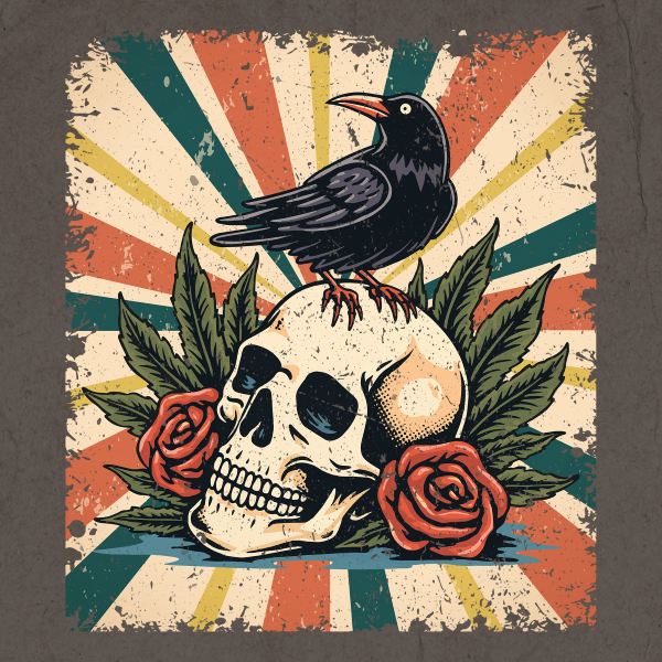 Retro gothic crow on skull design with vintage sunburst background and tattoo-inspired artwork - Tee Art Online @teeartonline