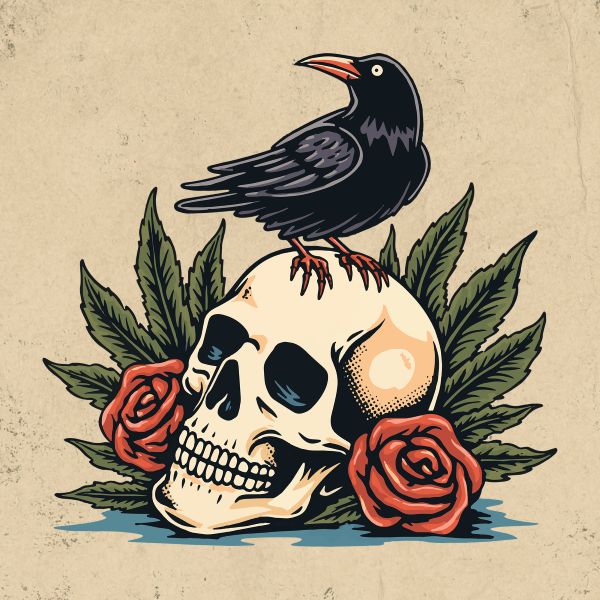Gothic crow standing on a skull with red roses in vintage tattoo flash art style by @teeartonline