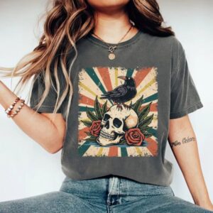 Crow on Skull Vintage Retro Tee - Gothic Raven Stickers - Tee Art Online @teeartonline