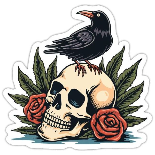 Die-cut gothic crow on skull sticker with vintage tattoo-inspired raven and rose artwork - @teeartonline