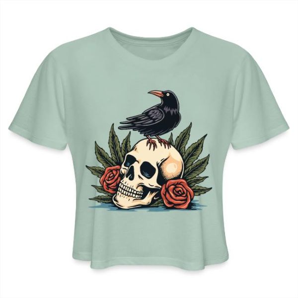 Retro gothic crop top with crow on skull artwork in vintage tattoo flash style | Tee Art Online