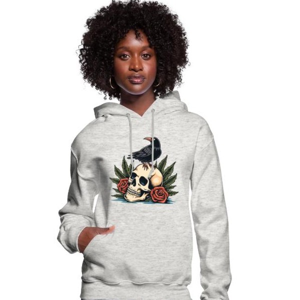 Gothic crow on skull hoodie featuring vintage raven tattoo artwork and red rose details by Tee Art Online @teeartonline