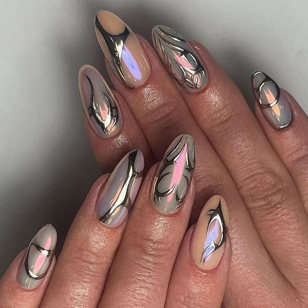 Abstract chrome bridal nails with metallic silver details and glazed finish