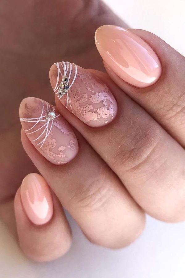 Blush aura bridal nails with soft pink glossy polish and delicate lace nail art details
