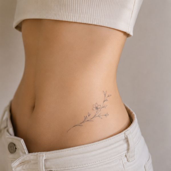 Minimal fine line floral waist tattoo on soft skin