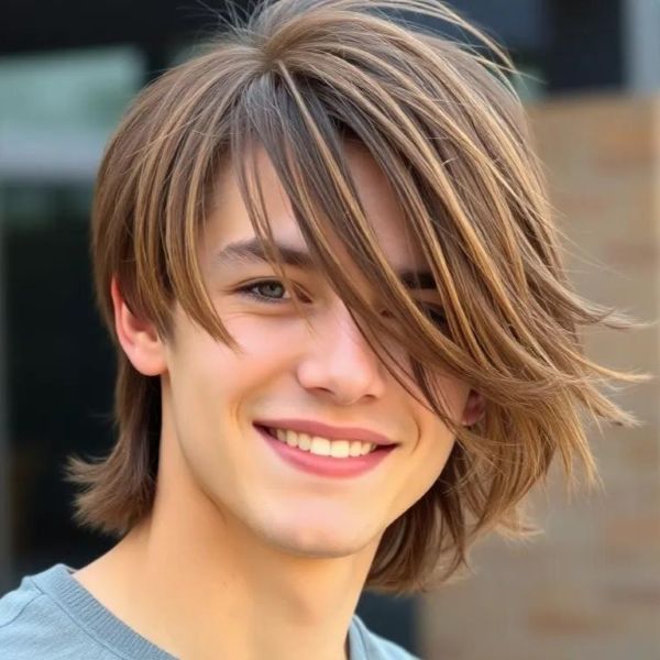 medium length straight hair men side-swept flow long layers face framing natural movement